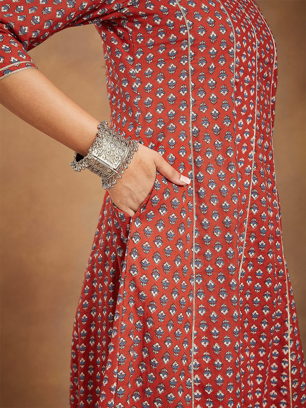 Janasya Women's Red Pure Cotton Floral Printed Anarkali Kurta With Palazzo Set