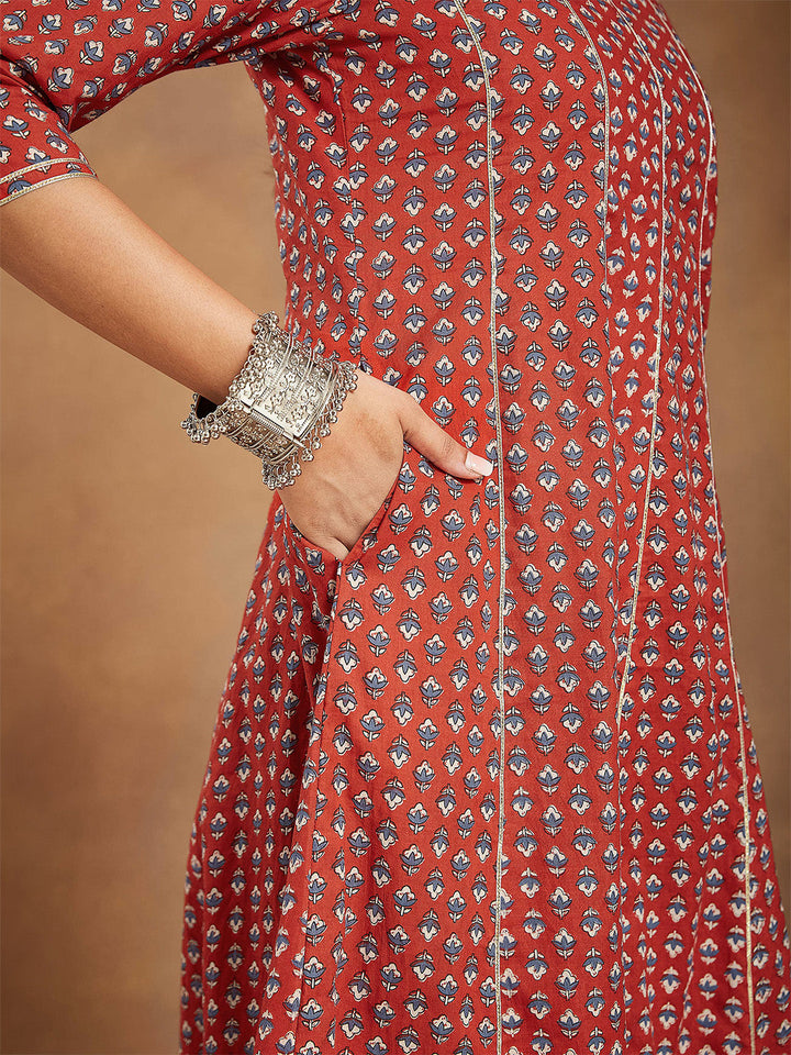 Janasya Women's Red Pure Cotton Floral Printed Anarkali Kurta With Palazzo Set - qivii