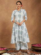 Janasya Women's White Pure Cotton Floral Printed A-line Shirt Style Kurta With Pant Set