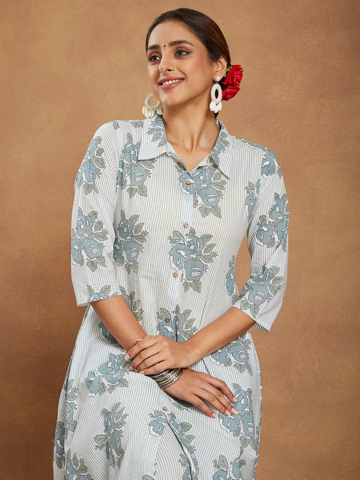 Janasya Women's White Pure Cotton Floral Printed A-line Shirt Style Kurta With Pant Set - qivii