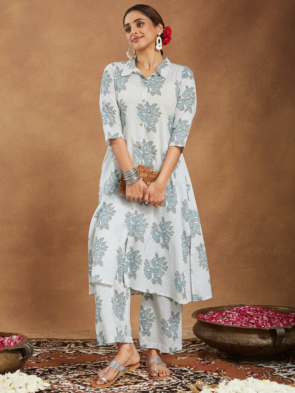 Janasya Women's White Pure Cotton Floral Printed A-line Shirt Style Kurta With Pant Set