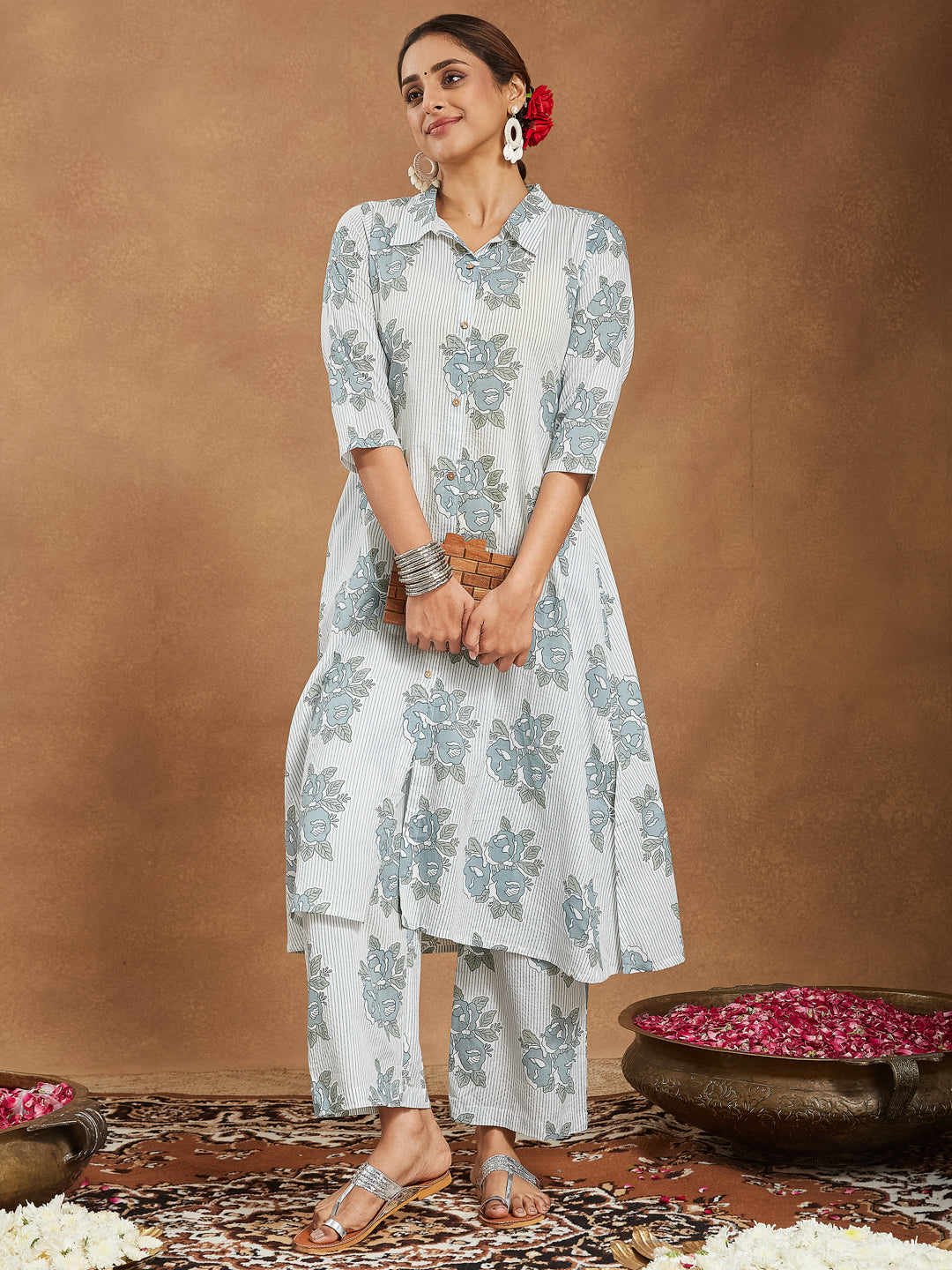 Janasya Women's White Pure Cotton Floral Printed A-line Shirt Style Kurta With Pant Set - qivii