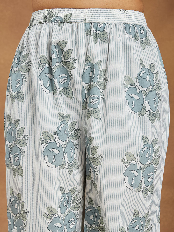 Janasya Women's White Pure Cotton Floral Printed A-line Shirt Style Kurta With Pant Set - qivii