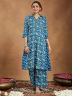 Janasya Women's Blue Pure Cotton Floral Printed A-line Kurta Set