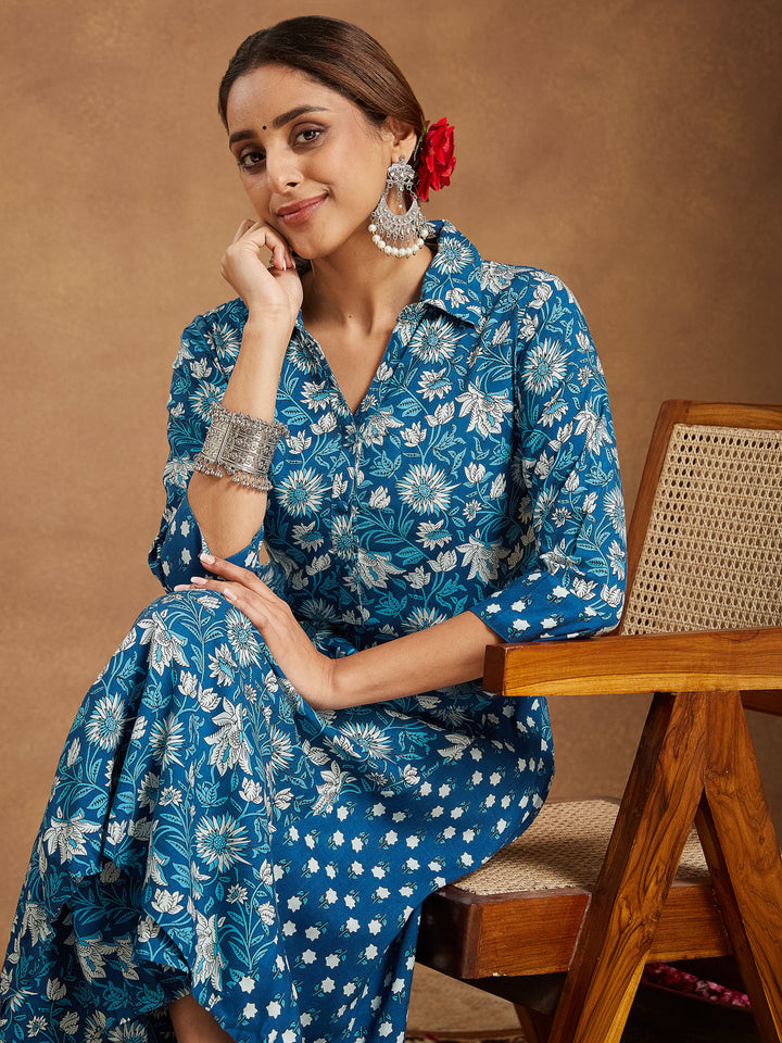 Janasya Women's Blue Pure Cotton Floral Printed A-line Kurta Set - qivii