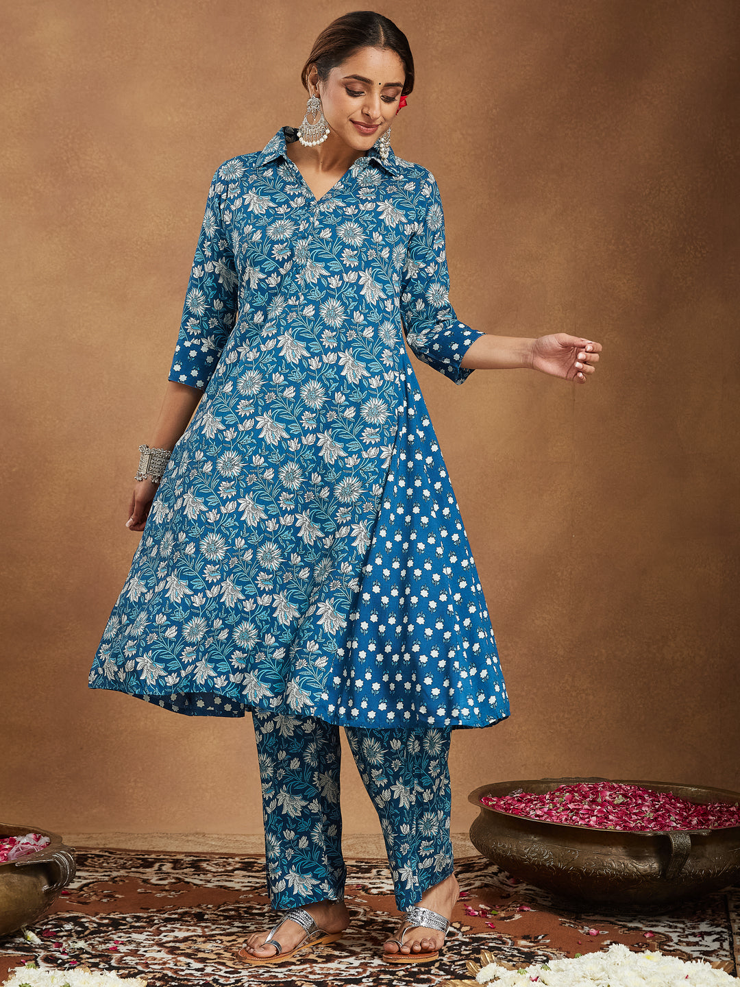 Janasya Women's Blue Pure Cotton Floral Printed A-line Kurta Set - qivii