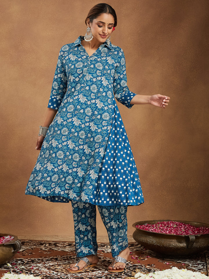 Janasya Women's Blue Pure Cotton Floral Printed A-line Kurta Set - qivii
