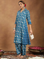 Janasya Women's Blue Pure Cotton Floral Printed A-line Kurta Set