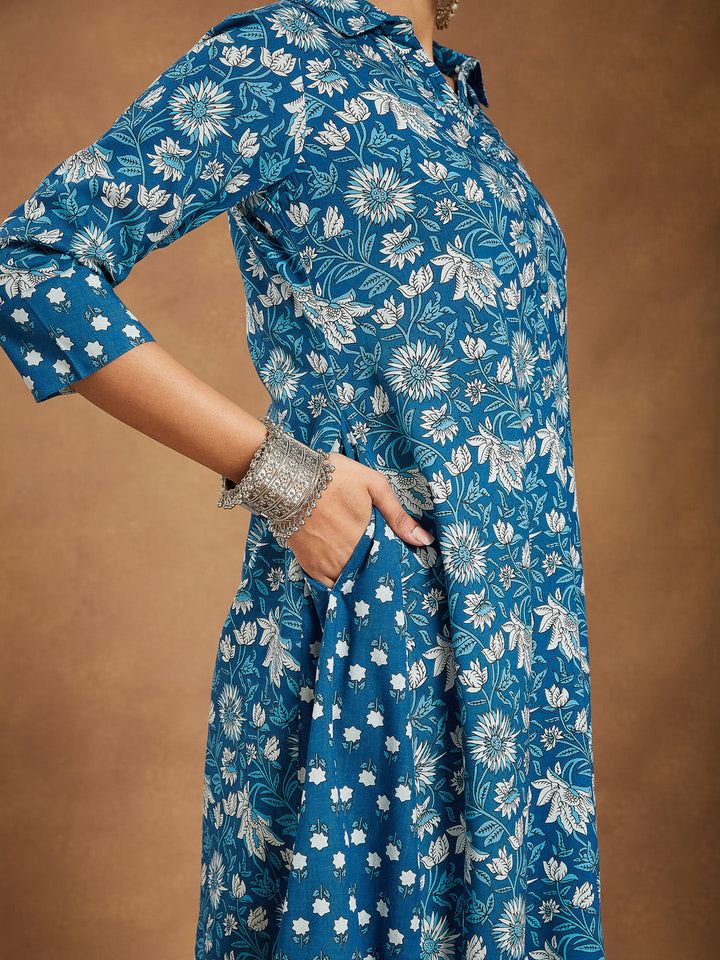 Janasya Women's Blue Pure Cotton Floral Printed A-line Kurta Set - qivii