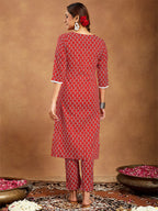 Janasya Women's Red Pure Cotton Ethnic Motifs Printed Straight Kurta Pant Set