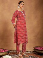Janasya Women's Red Pure Cotton Ethnic Motifs Printed Straight Kurta Pant Set