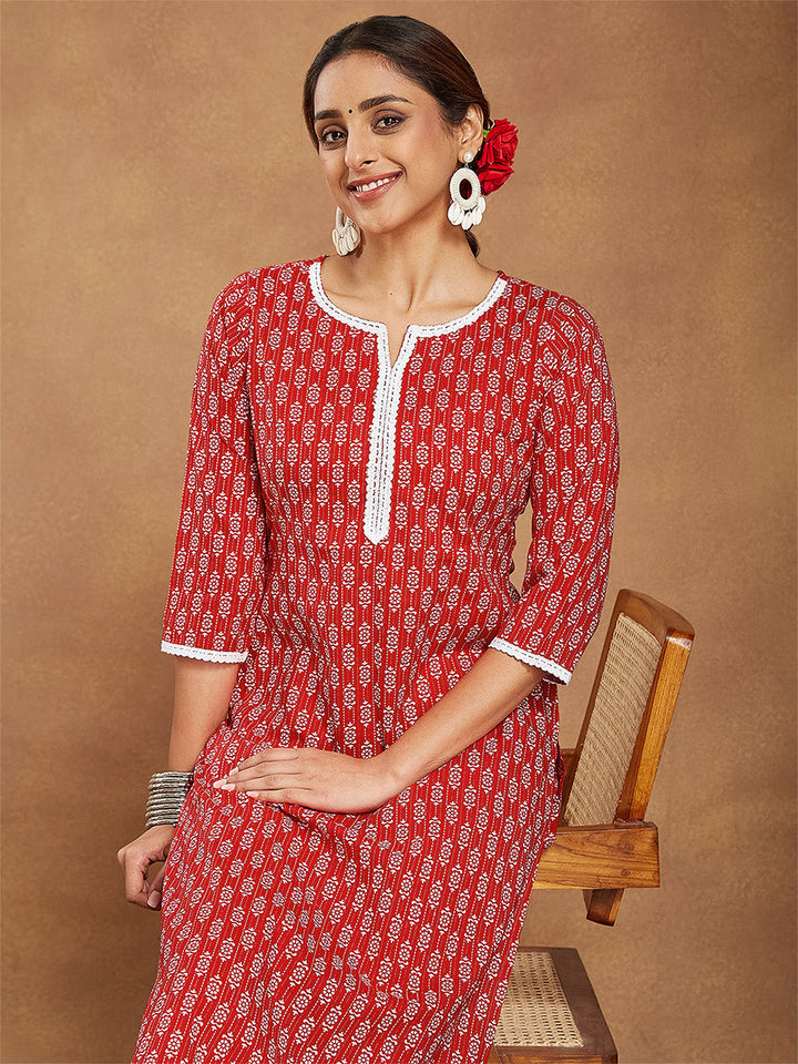 Janasya Women's Red Pure Cotton Ethnic Motifs Printed Straight Kurta Pant Set - qivii