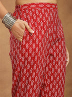 Janasya Women's Red Pure Cotton Ethnic Motifs Printed Straight Kurta Pant Set