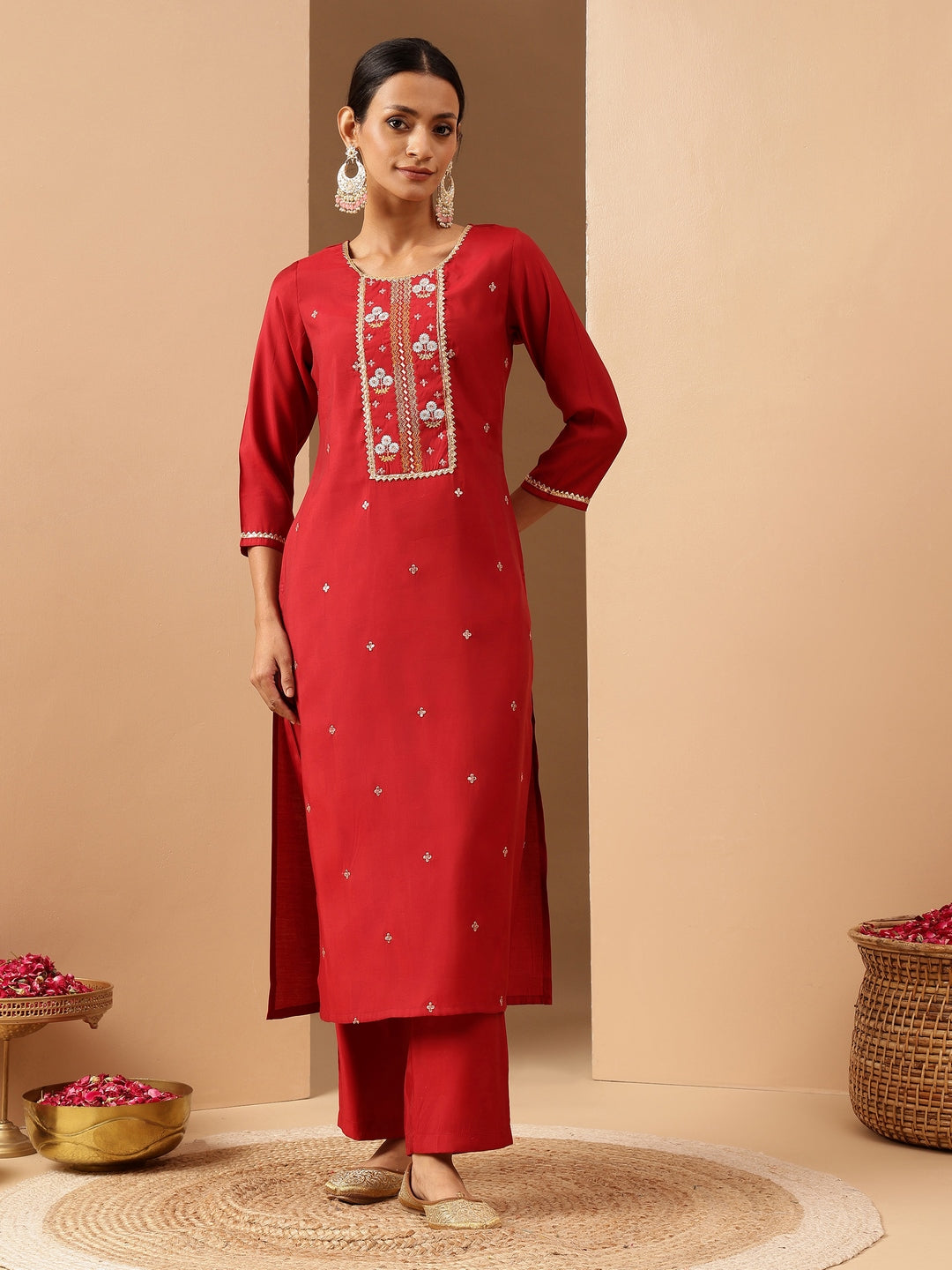 Janasya Women's Red Chanderi Silk Zari Embroidered Straight Kurta Pant Set