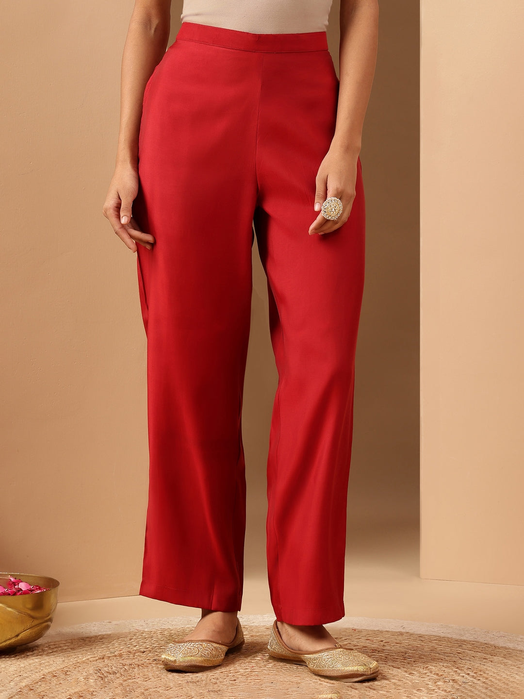 Janasya Women's Red Chanderi Silk Zari Embroidered Straight Kurta Pant Set - qivii