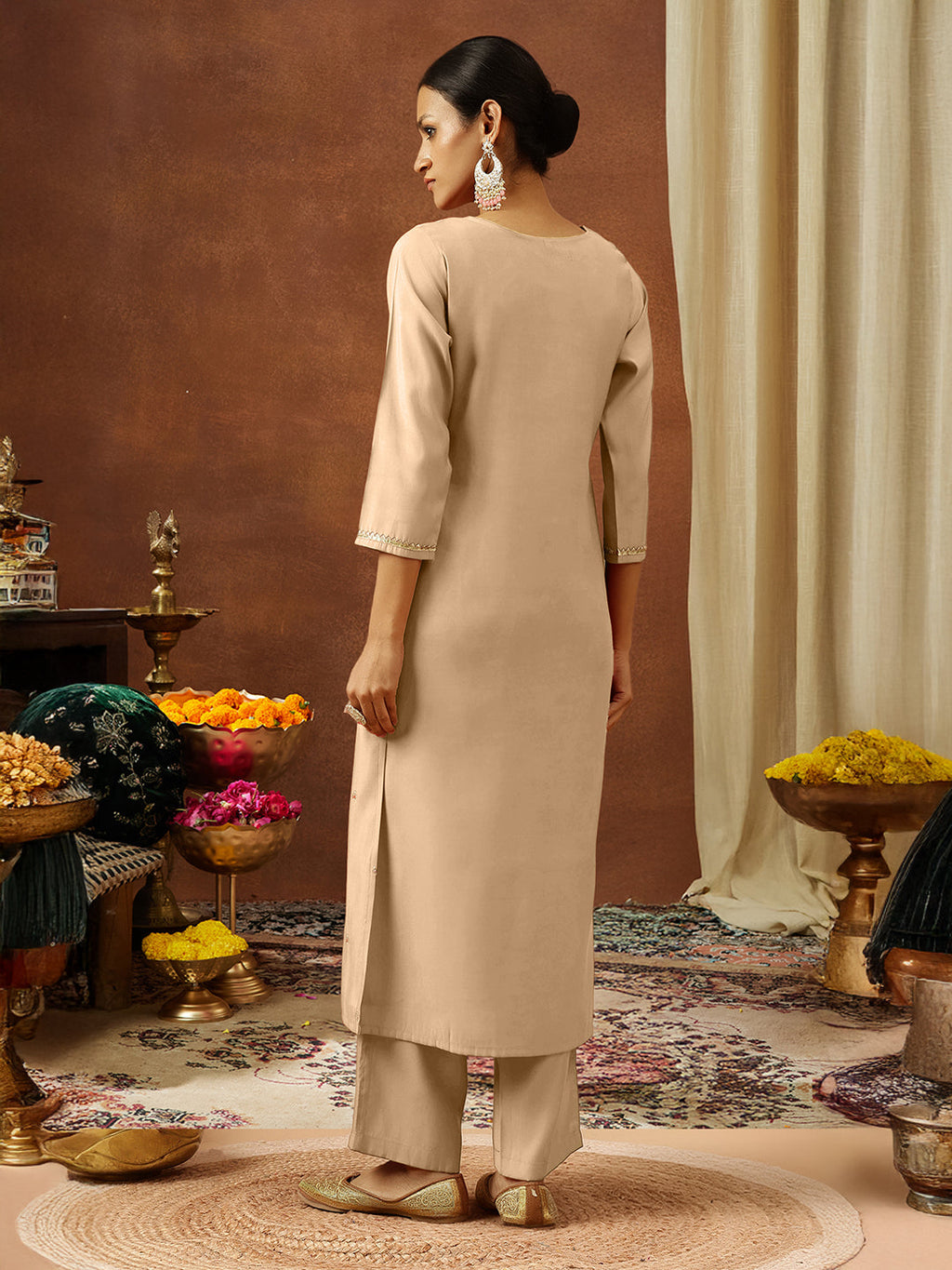 Janasya Women's Beige Chanderi Silk Zari Embroidered Straight Kurta Pant Set