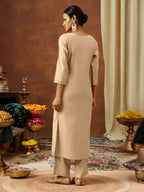 Janasya Women's Beige Chanderi Silk Zari Embroidered Straight Kurta Pant Set