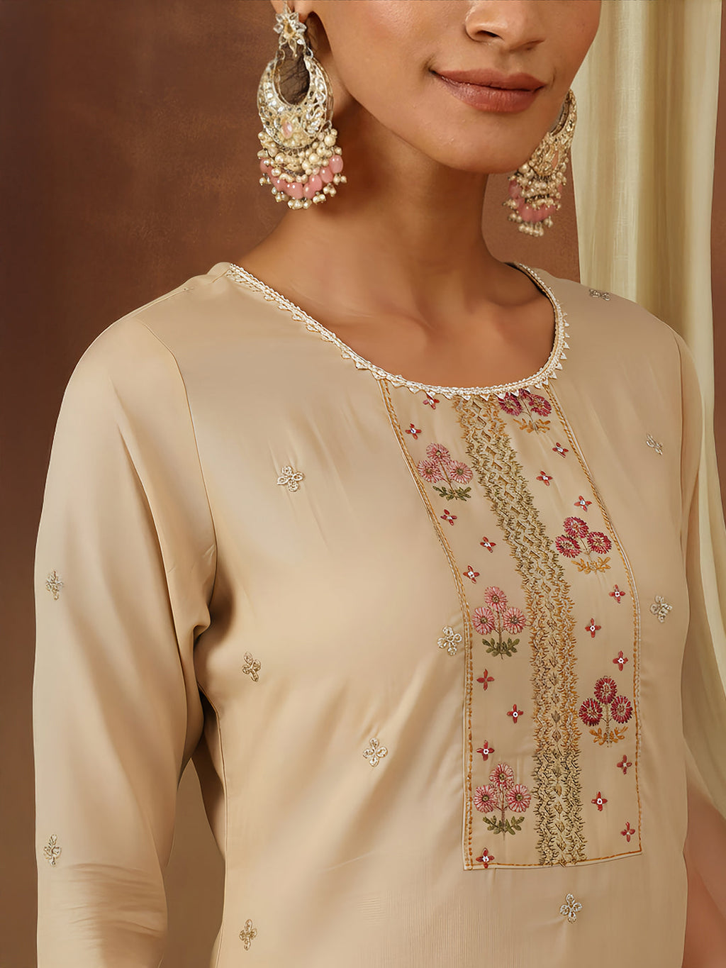 Janasya Women's Beige Chanderi Silk Zari Embroidered Straight Kurta Pant Set