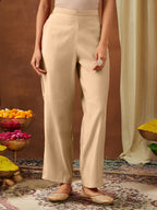 Janasya Women's Beige Chanderi Silk Zari Embroidered Straight Kurta Pant Set