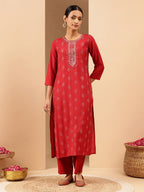 Janasya Women's Red Chanderi Silk Embellished Straight Kurta Pant Set