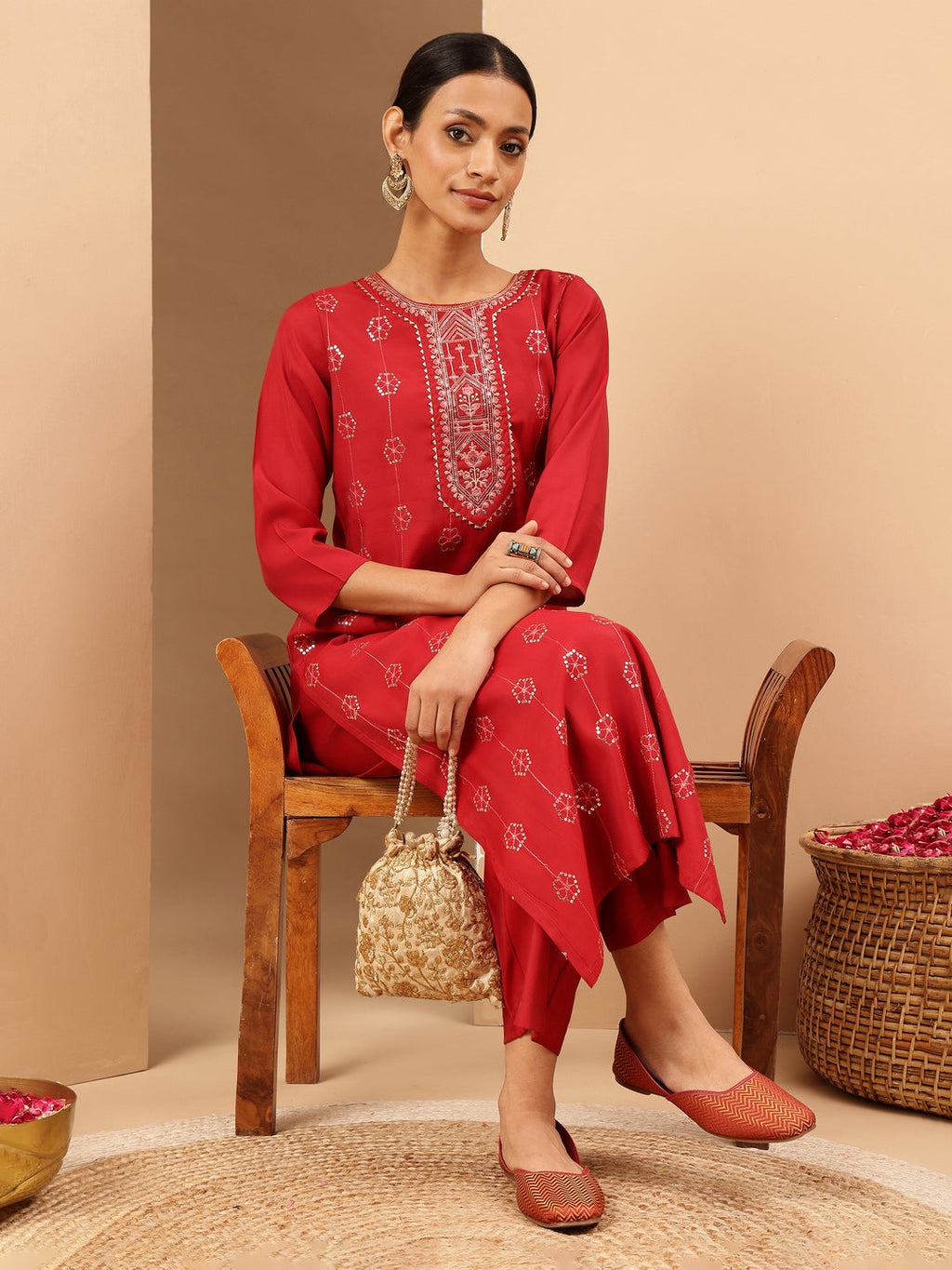 Janasya Women's Red Chanderi Silk Embellished Straight Kurta Pant Set