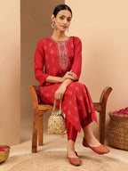 Janasya Women's Red Chanderi Silk Embellished Straight Kurta Pant Set