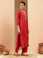 Janasya Women's Red Chanderi Silk Embellished Straight Kurta Pant Set
