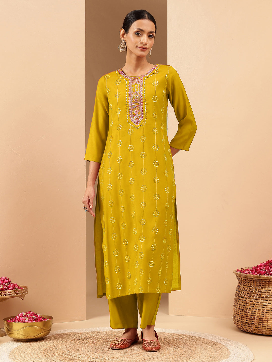 Janasya Women's Mustard Chanderi Silk Embellished Straight Kurta Pant Set
