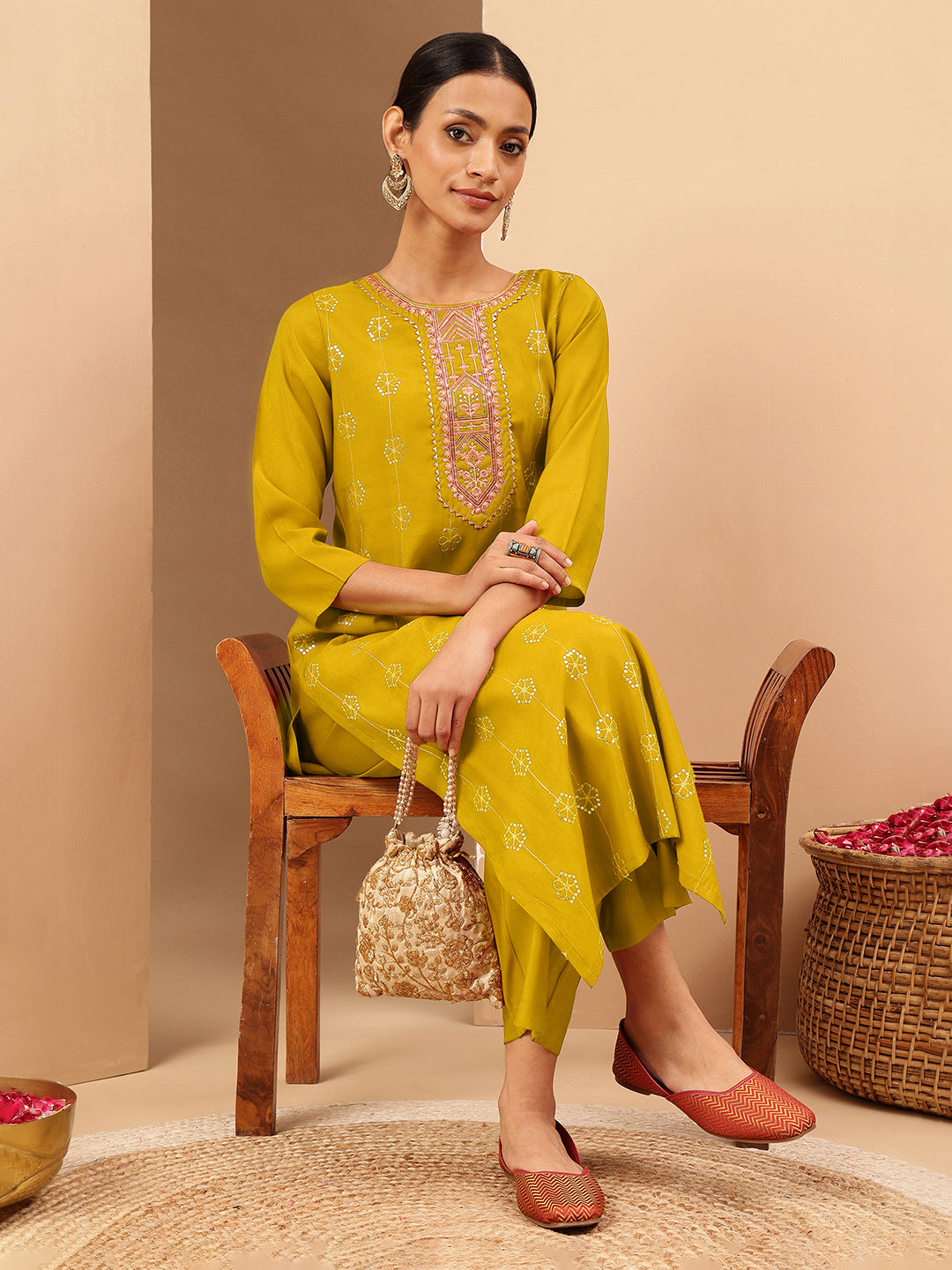 Janasya Women's Mustard Chanderi Silk Embellished Straight Kurta Pant Set - qivii