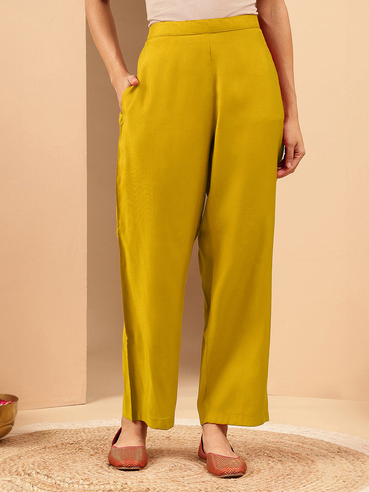 Janasya Women's Mustard Chanderi Silk Embellished Straight Kurta Pant Set - qivii