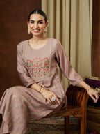 Janasya Women's Brown Silk Blend Zari Embroidered Straight Kurta Pant Set