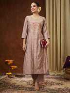 Janasya Women's Brown Silk Blend Zari Embroidered Straight Kurta Pant Set
