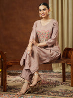 Janasya Women's Brown Silk Blend Zari Embroidered Straight Kurta Pant Set