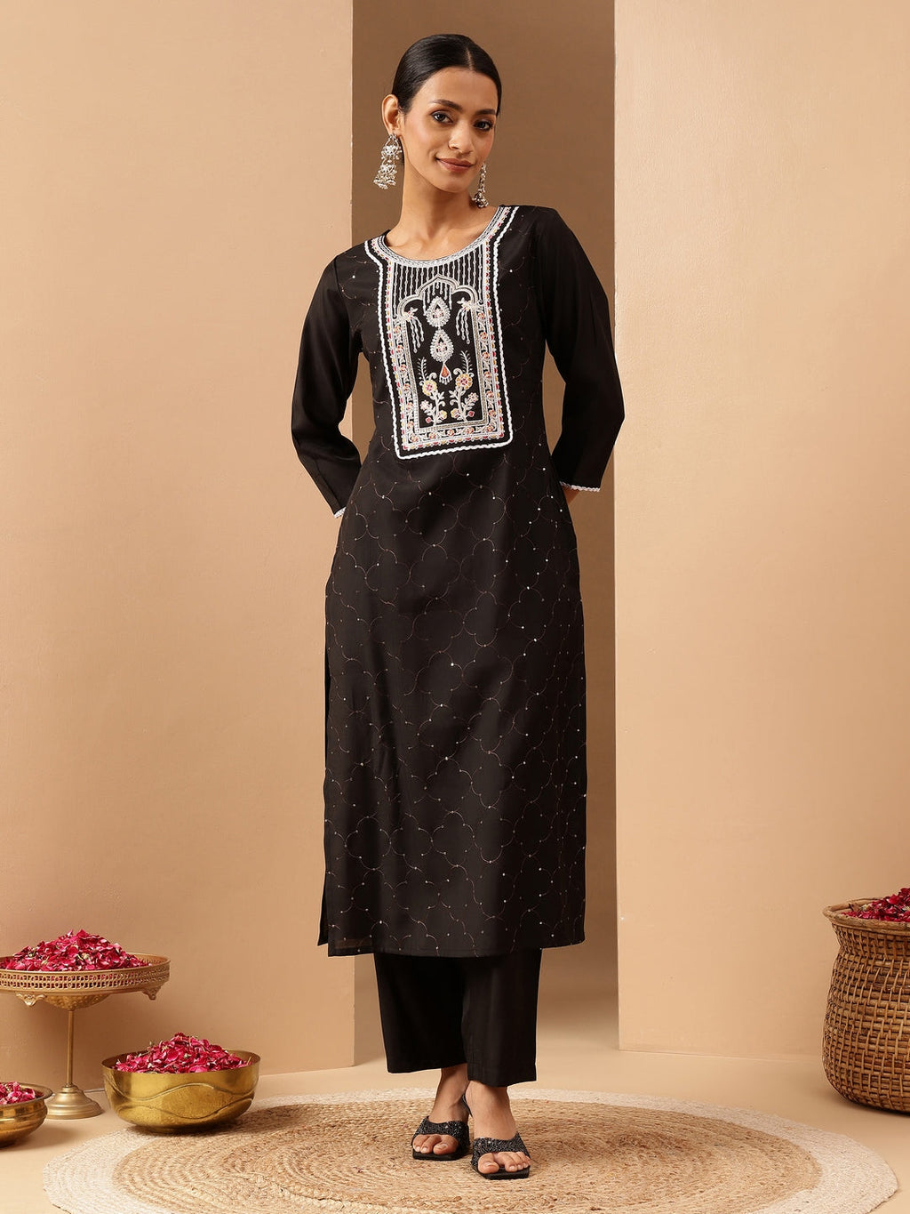 Janasya Women's Black Chanderi Silk Embroidered Straight Kurta Pant Set