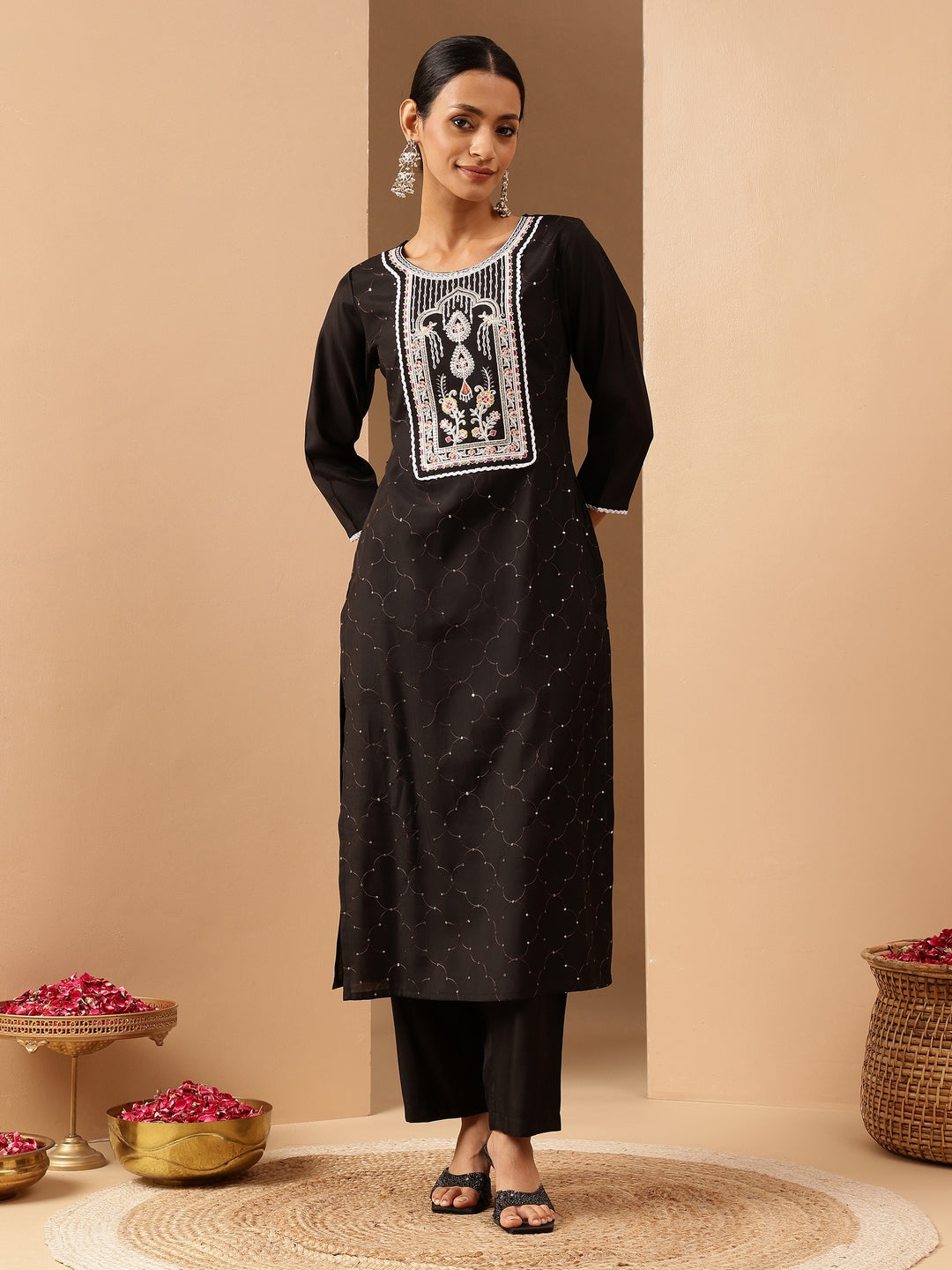 Janasya Women's Black Chanderi Silk Embroidered Straight Kurta Pant Set