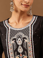 Janasya Women's Black Chanderi Silk Embroidered Straight Kurta Pant Set