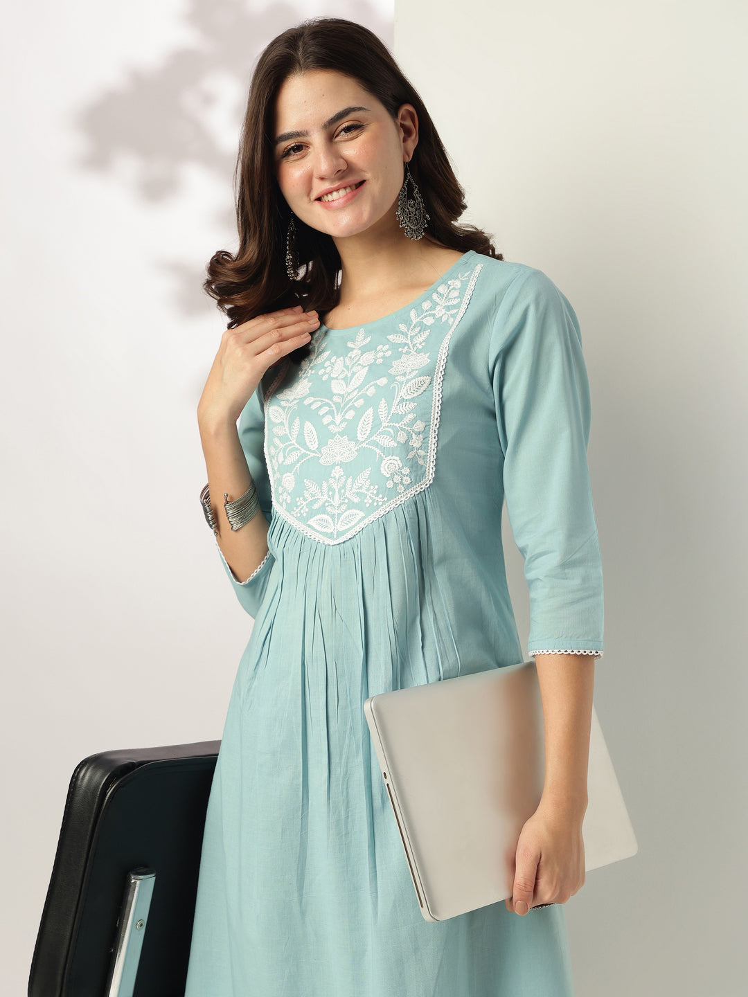 Janasya Women's Light Blue Pure Cotton Yoke Embroidered A-line Kurta - qivii