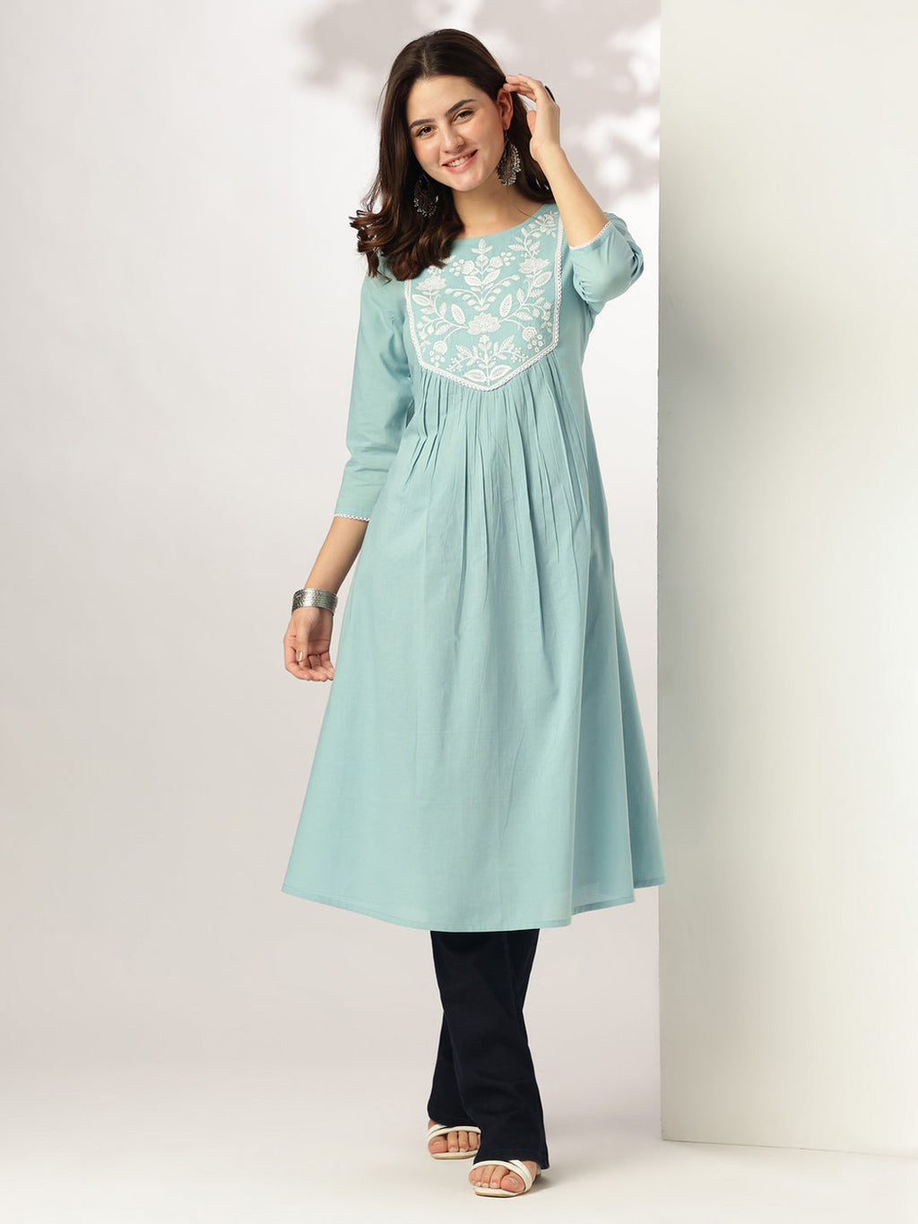 Janasya Women's Light Blue Pure Cotton Yoke Embroidered A-line Kurta