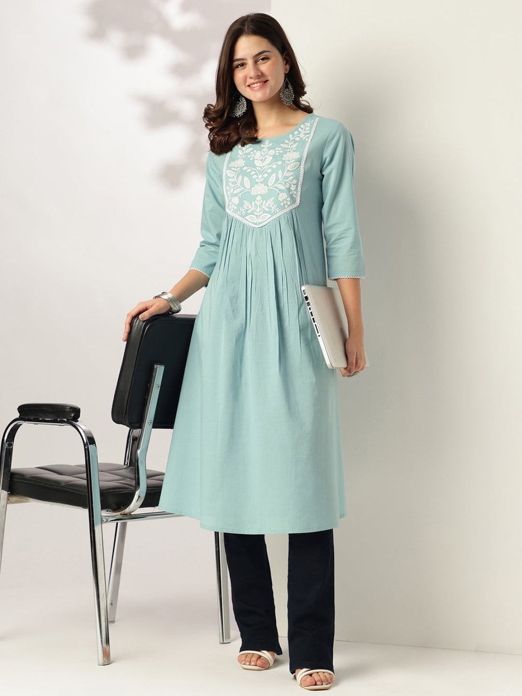 Janasya Women's Light Blue Pure Cotton Yoke Embroidered A-line Kurta