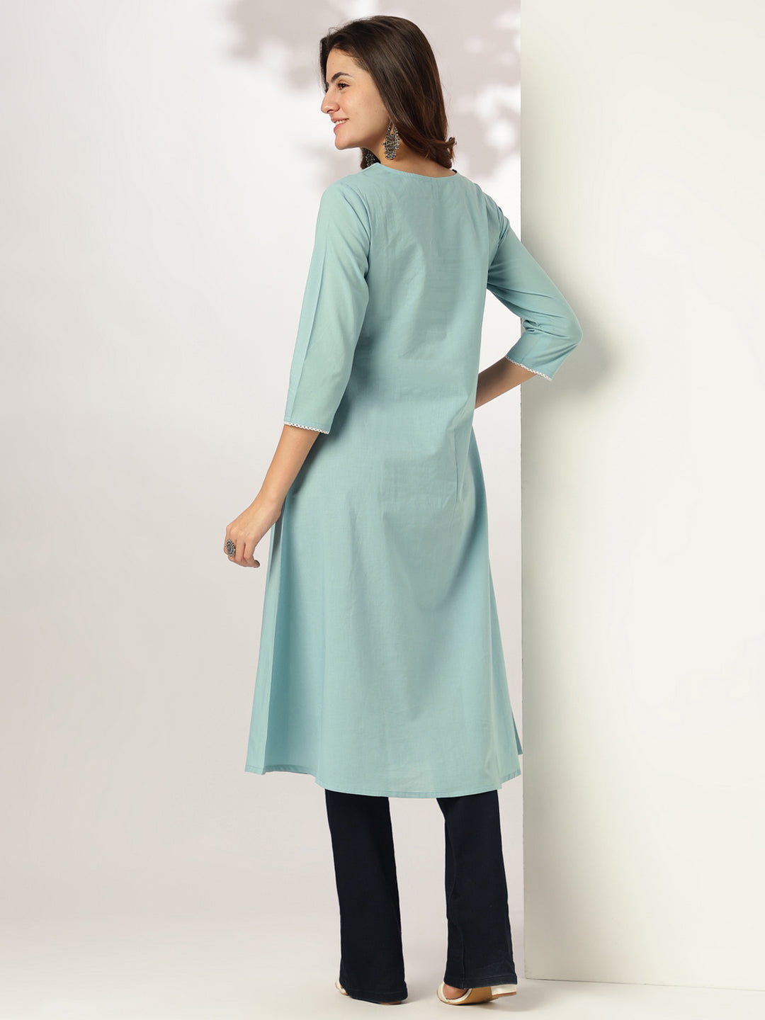 Janasya Women's Light Blue Pure Cotton Yoke Embroidered A-line Kurta - qivii