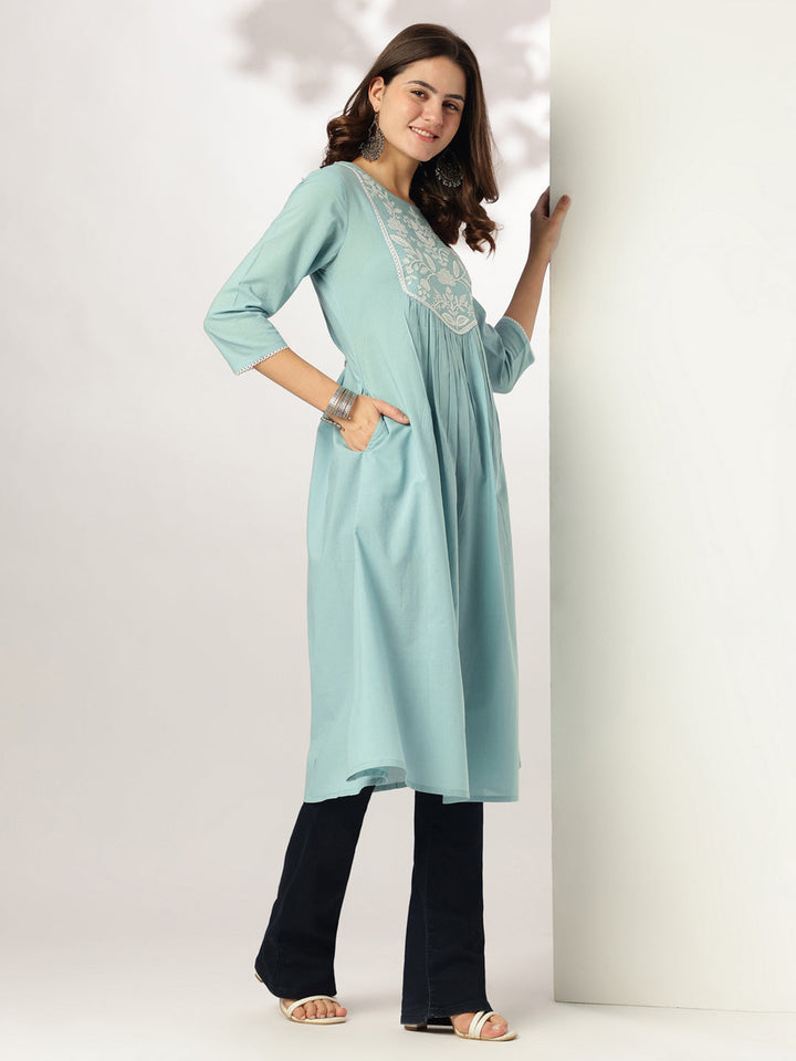 Janasya Women's Light Blue Pure Cotton Yoke Embroidered A-line Kurta - qivii