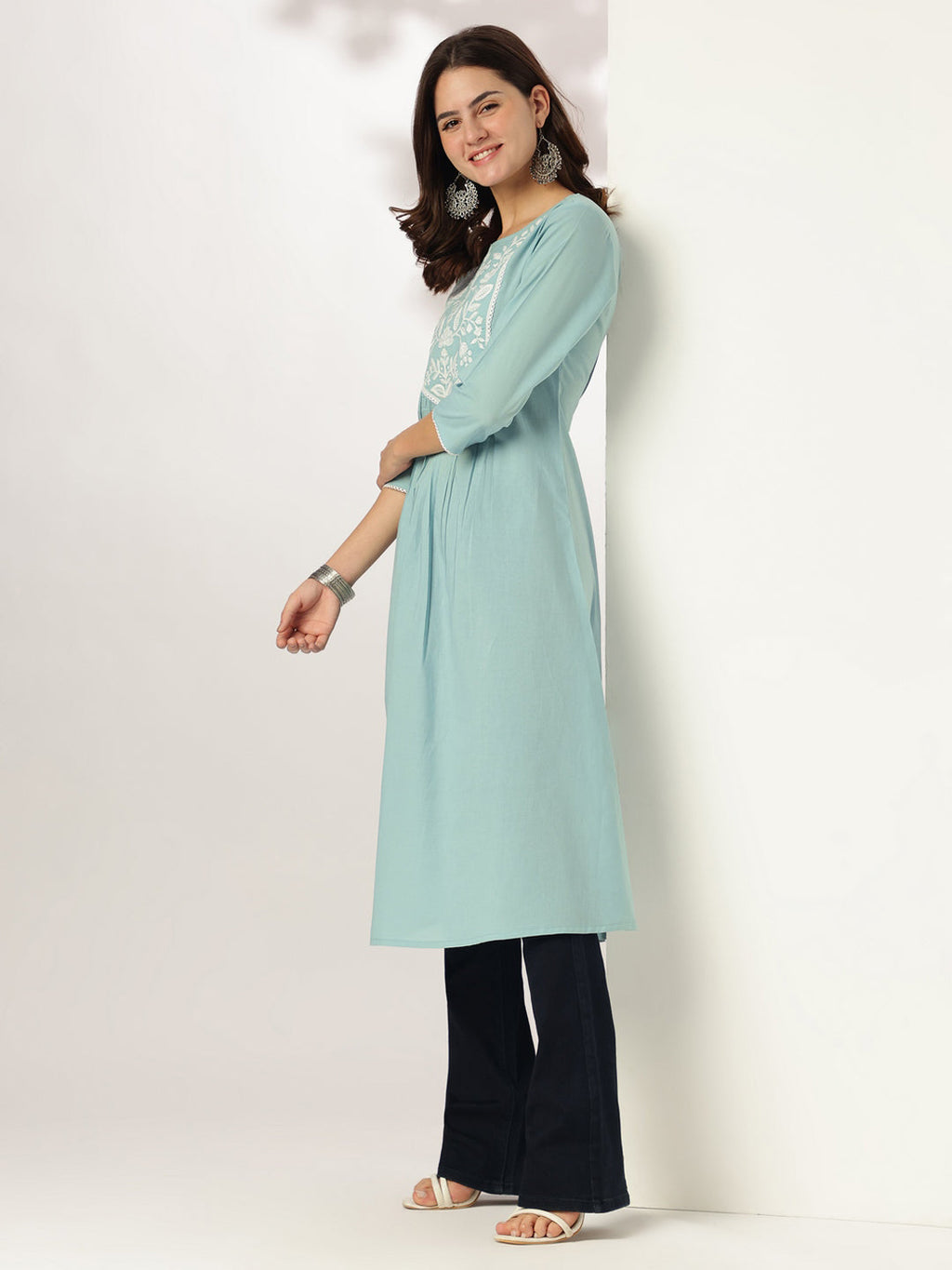 Janasya Women's Light Blue Pure Cotton Yoke Embroidered A-line Kurta