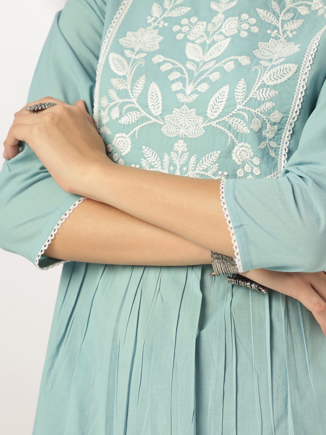 Janasya Women's Light Blue Pure Cotton Yoke Embroidered A-line Kurta