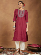Janasya Women's Maroon Rayon Embroidered Straight Kurta
