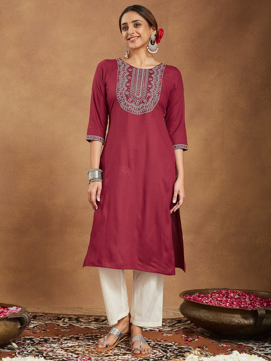 Janasya Women's Maroon Rayon Embroidered Straight Kurta