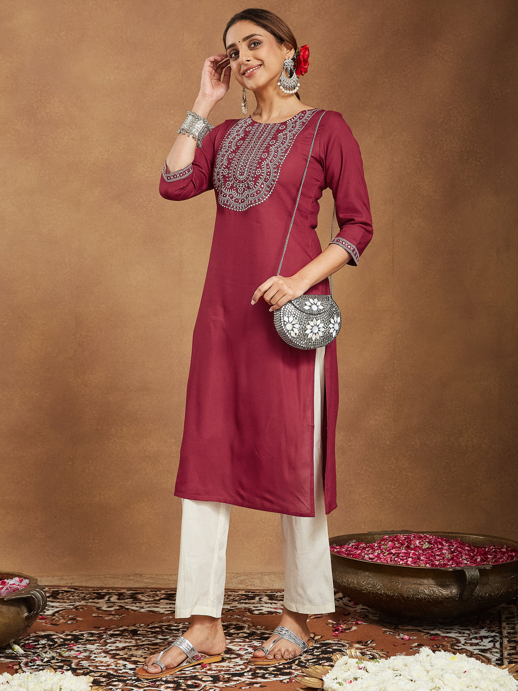 Janasya Women's Maroon Rayon Embroidered Straight Kurta
