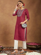 Janasya Women's Maroon Rayon Embroidered Straight Kurta