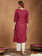 Janasya Women's Maroon Rayon Embroidered Straight Kurta
