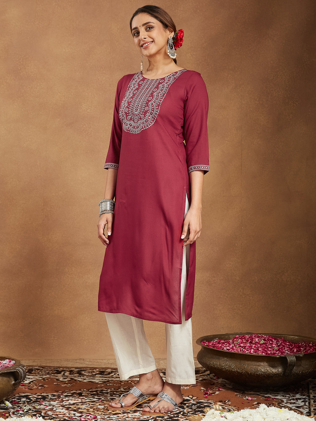 Janasya Women's Maroon Rayon Embroidered Straight Kurta