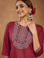 Janasya Women's Maroon Rayon Embroidered Straight Kurta